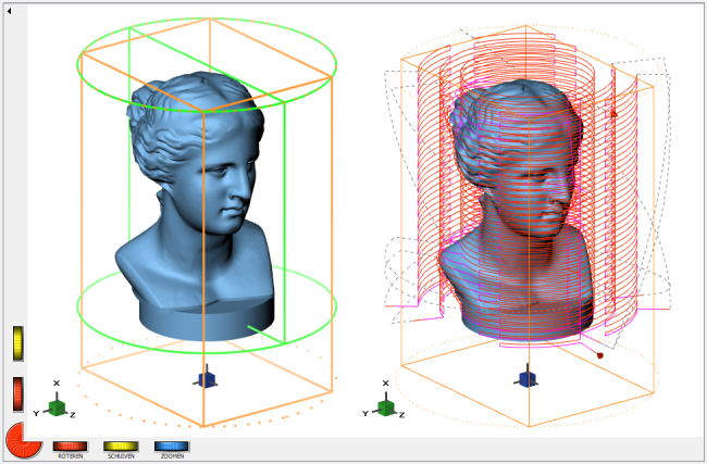 Screenshot der Geometrie und der Werkzeugwege in einem rechteckigen Rohteil